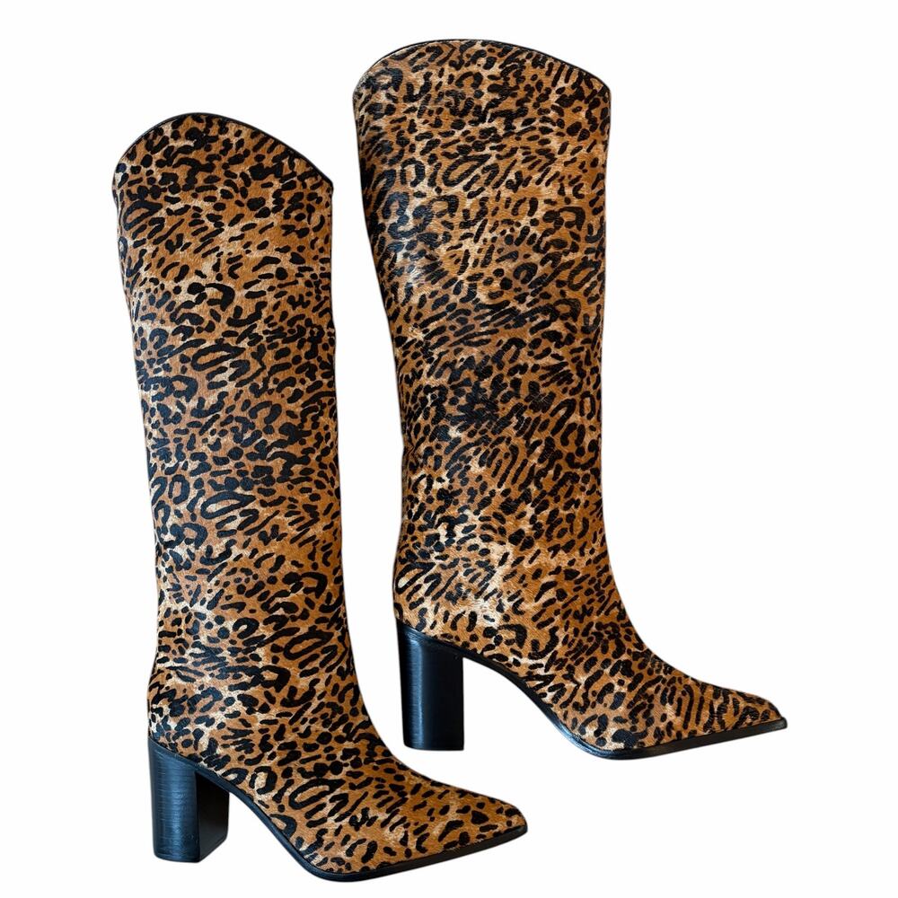 SCHUTZ Maryana Wild Leather Boots Block Heel Leopard Print Womens 7.5 NEW - Picture 7 of 13